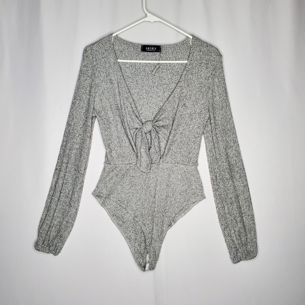 Akira Ribbed Bodysuit Women Medium Gray Puffed Long Sleeve Sweetheart Twist